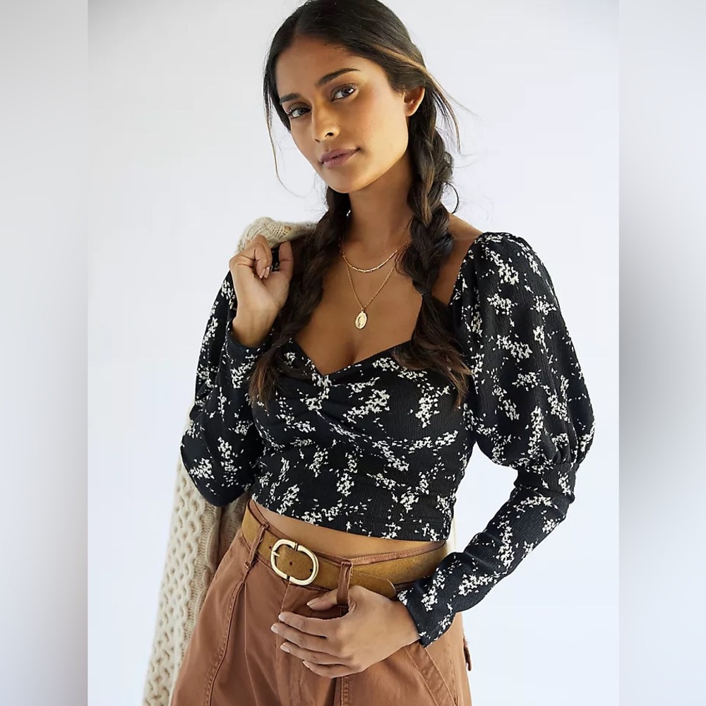 by Anthropologie Puff Sleeve Abstract Print Sweetheart Top - Black/White - S